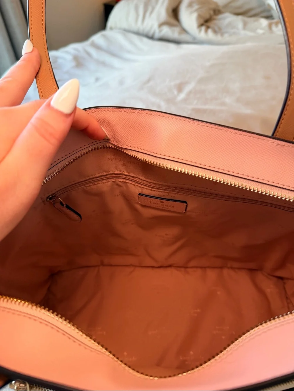 kate spade Pink Tote with Tan Straps and White Pouch